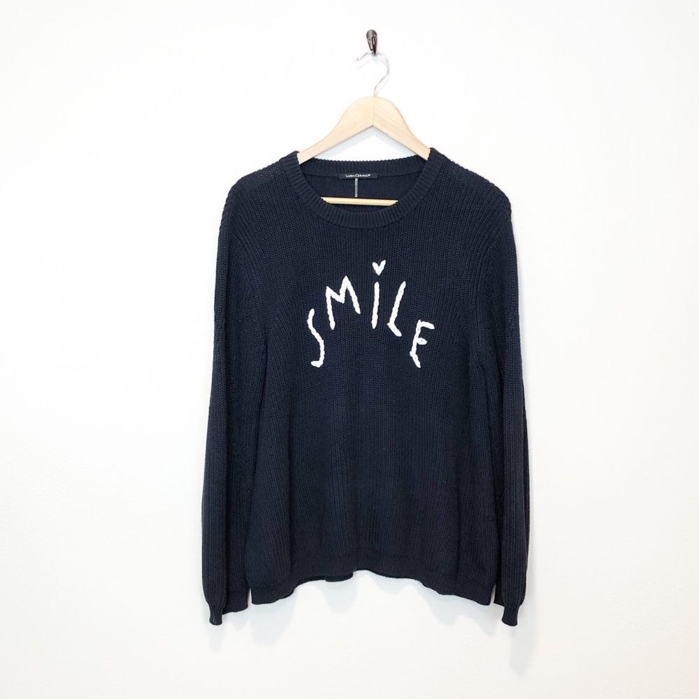 Luisa Cerano Knit “Smile” Embroidered Front Crewneck Sweater Navy Size 10 **READ
